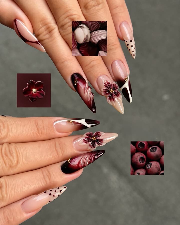 Burgundy nails with hand-painted florals and polka dots