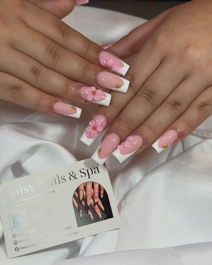 Square pink French tips with 3D flowers and gold beads